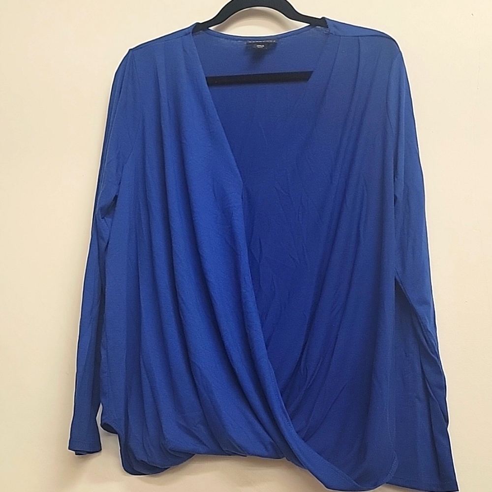 Royal Blue Draped Faux Wrap LS Top XL euc